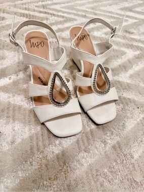Impo White Teardrop Embellished Strappy Heels